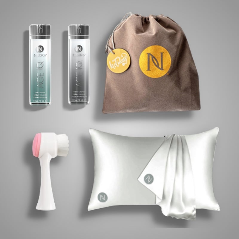 Save 15% on Beauty Sleep Holiday Set + Age IQ Day Cream which includes Age IQ Night Cream, Age IQ Day Cream, Satin Pillowcase, FREE Dual-Action Facial Cleansing Brush and FREE GIFT Bag